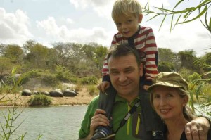 The author with husband Andy and son Solo in Zimbabwe